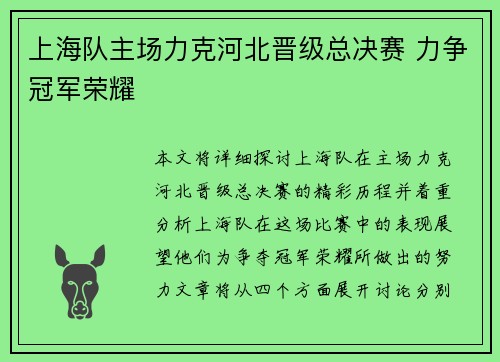 上海队主场力克河北晋级总决赛 力争冠军荣耀