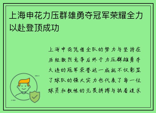 上海申花力压群雄勇夺冠军荣耀全力以赴登顶成功