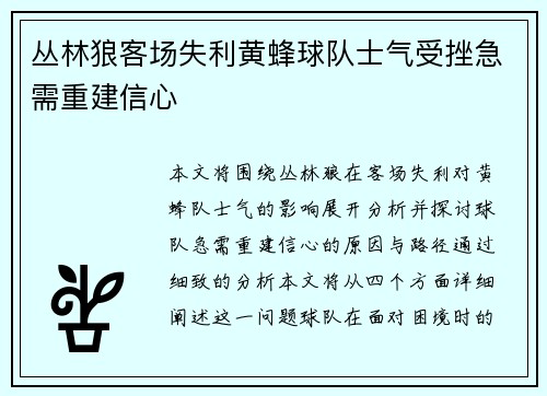 丛林狼客场失利黄蜂球队士气受挫急需重建信心