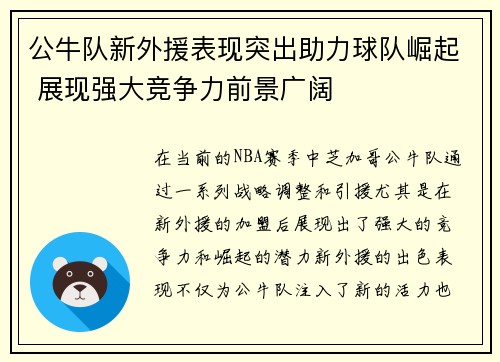 公牛队新外援表现突出助力球队崛起 展现强大竞争力前景广阔