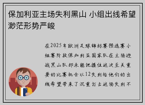 保加利亚主场失利黑山 小组出线希望渺茫形势严峻