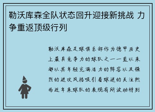 勒沃库森全队状态回升迎接新挑战 力争重返顶级行列