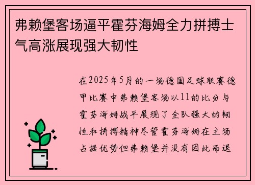 弗赖堡客场逼平霍芬海姆全力拼搏士气高涨展现强大韧性