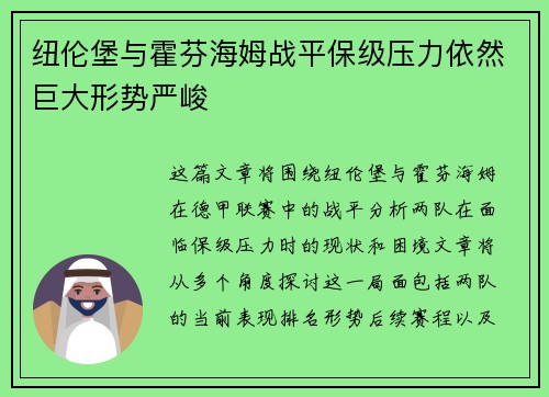 纽伦堡与霍芬海姆战平保级压力依然巨大形势严峻